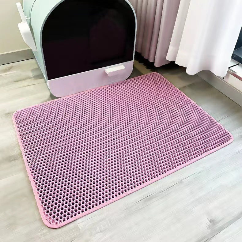 Double-layer EVA cat litter mat placed under a covered litter box to trap scattered litter