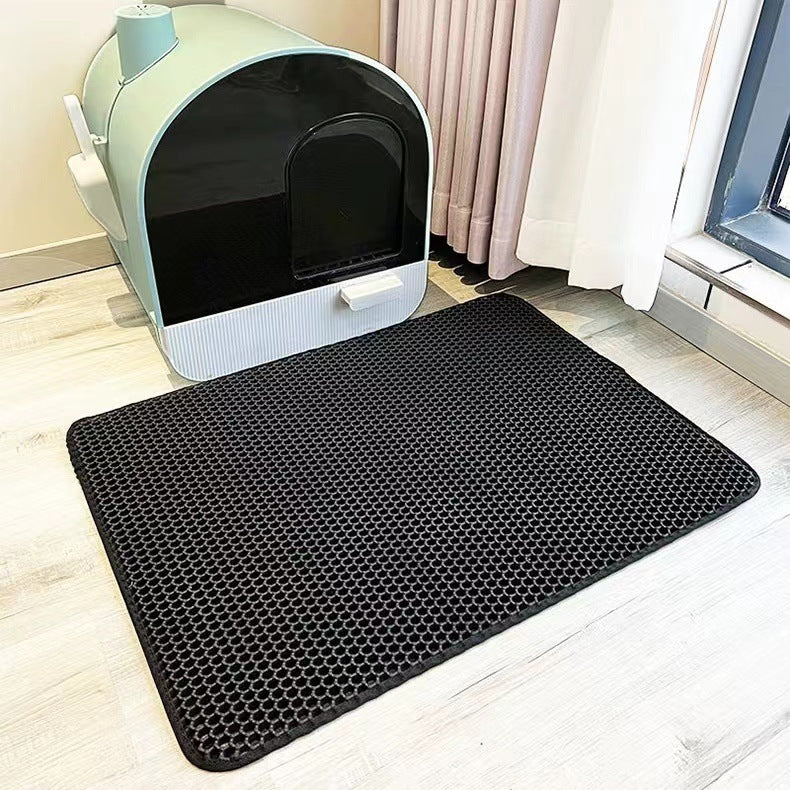Double-layer EVA cat litter mat placed under a covered litter box to trap scattered litter