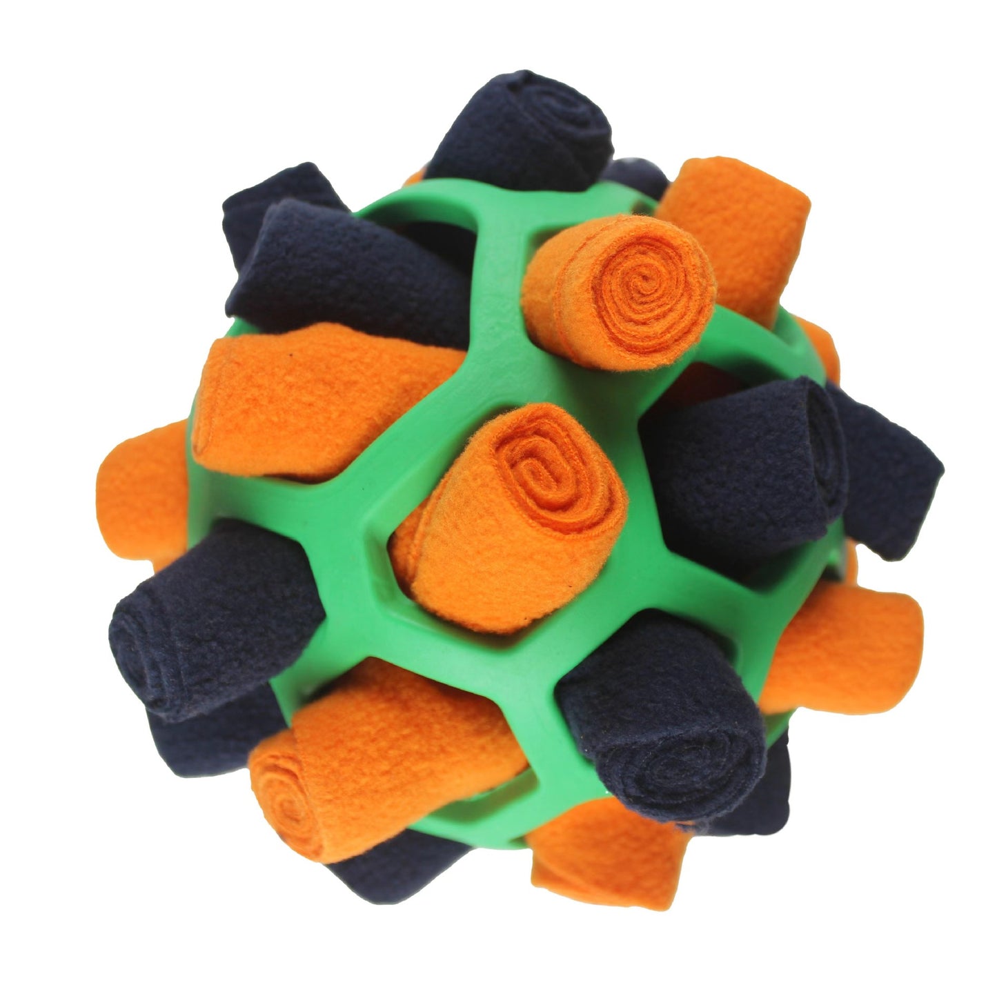 Green dog toy with orange and navy textured sides on a white background