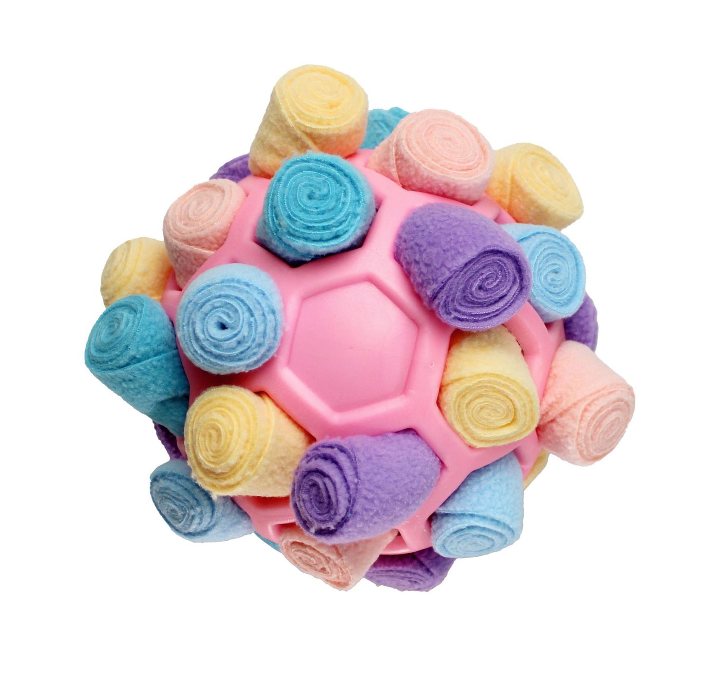 Colorful dog toy with pink center and rolled-up fabric pieces on a white background
