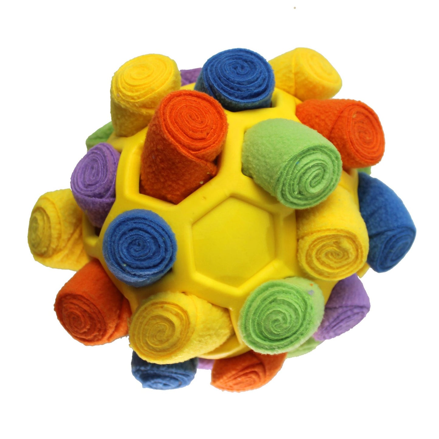 Colorful textured ball toy with rolled-up fabric pieces on a white background