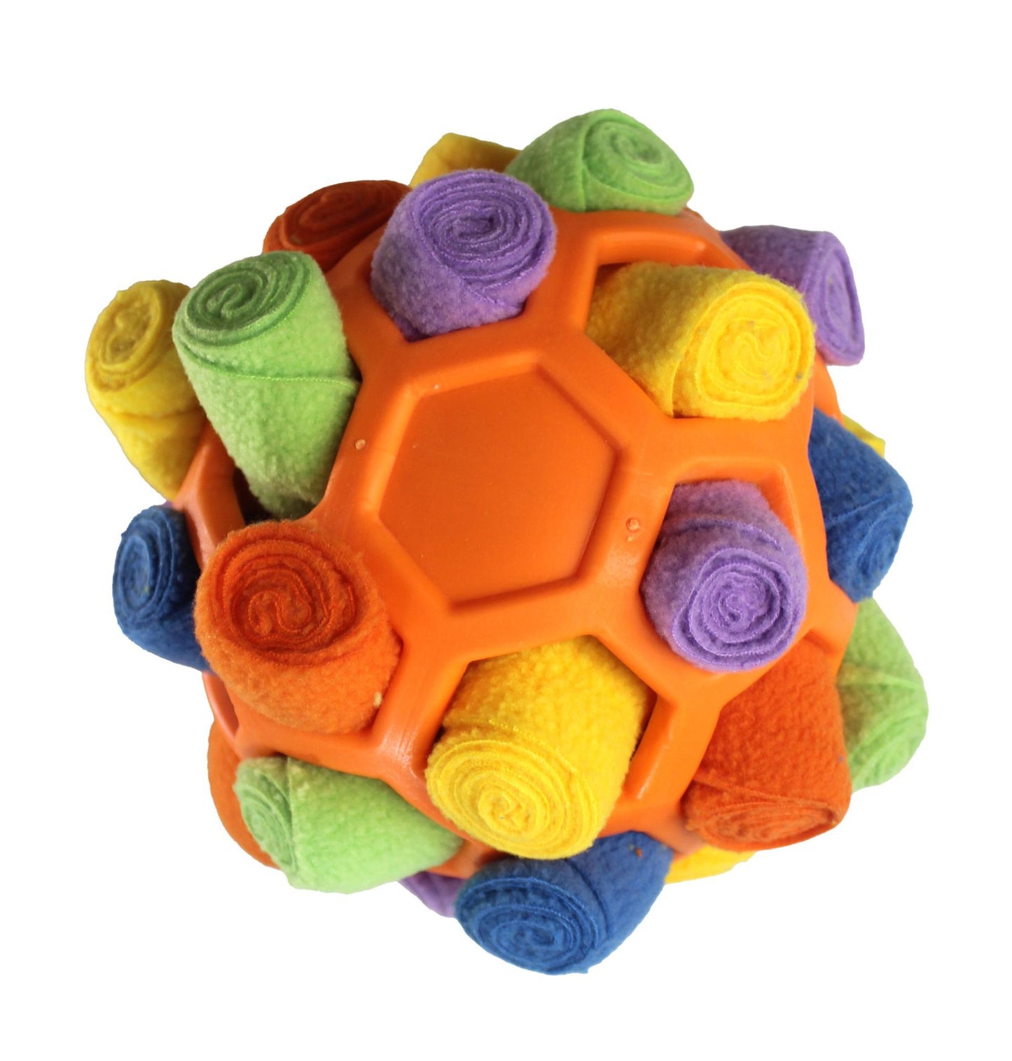 Colorful ball-shaped toy with hexagonal design on a white background
