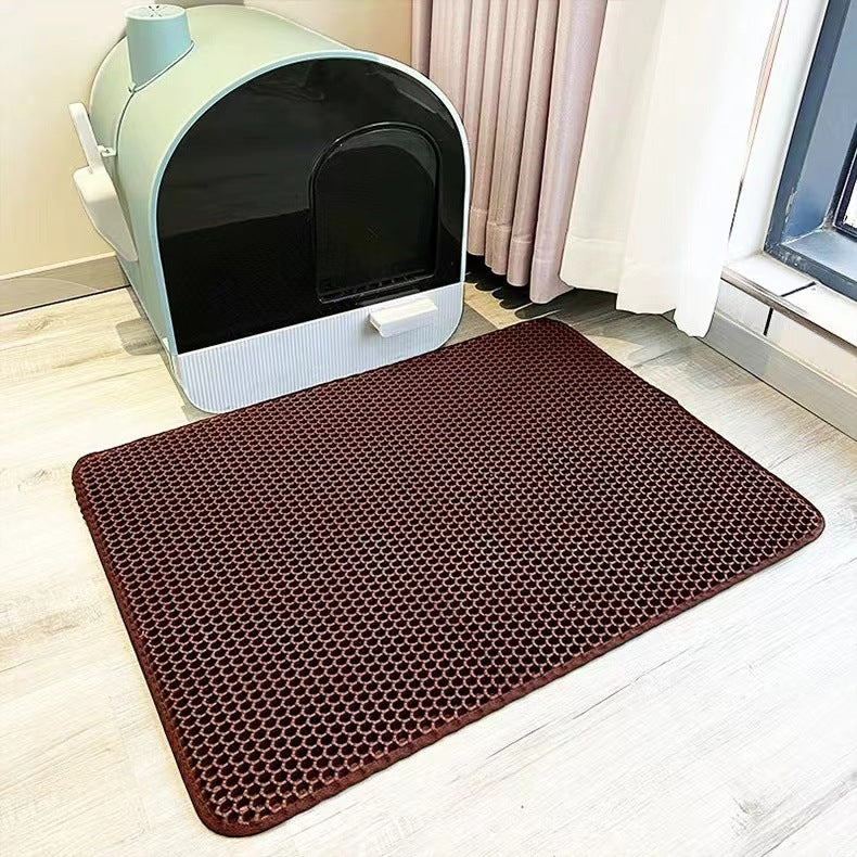 Double-layer EVA cat litter mat placed under a covered litter box to trap scattered litter