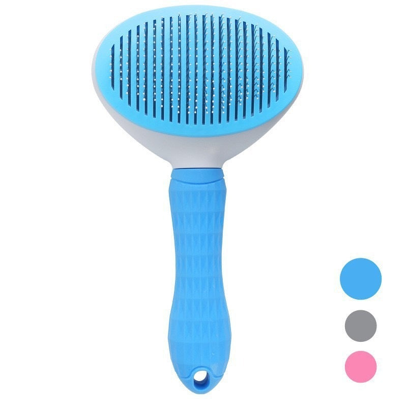 Blue pet grooming brush on a white background with color swatches.