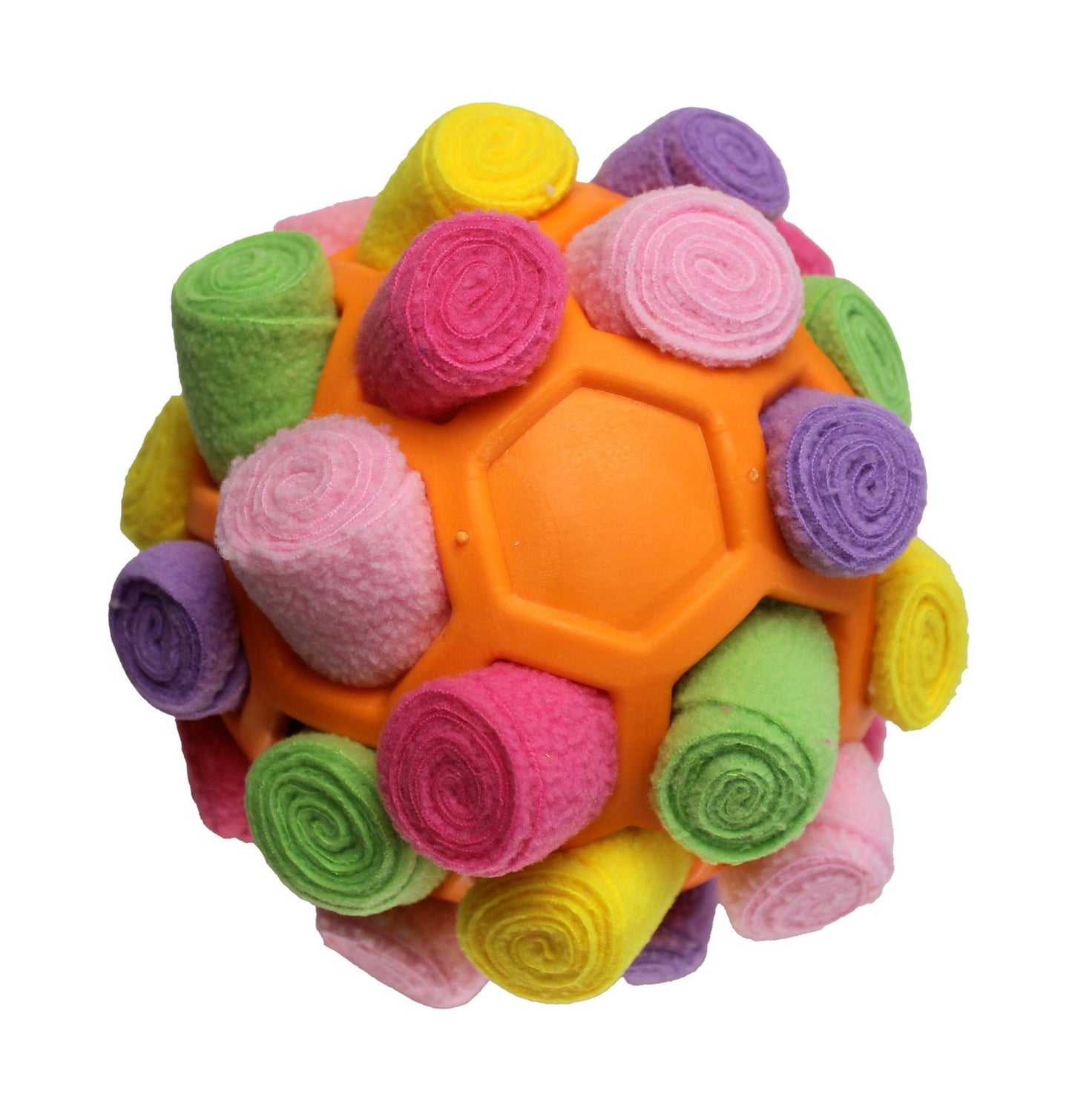 Colorful textured ball with hexagonal design on a white background