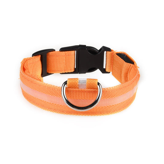 Orange dog collar with a reflective strip on a white background