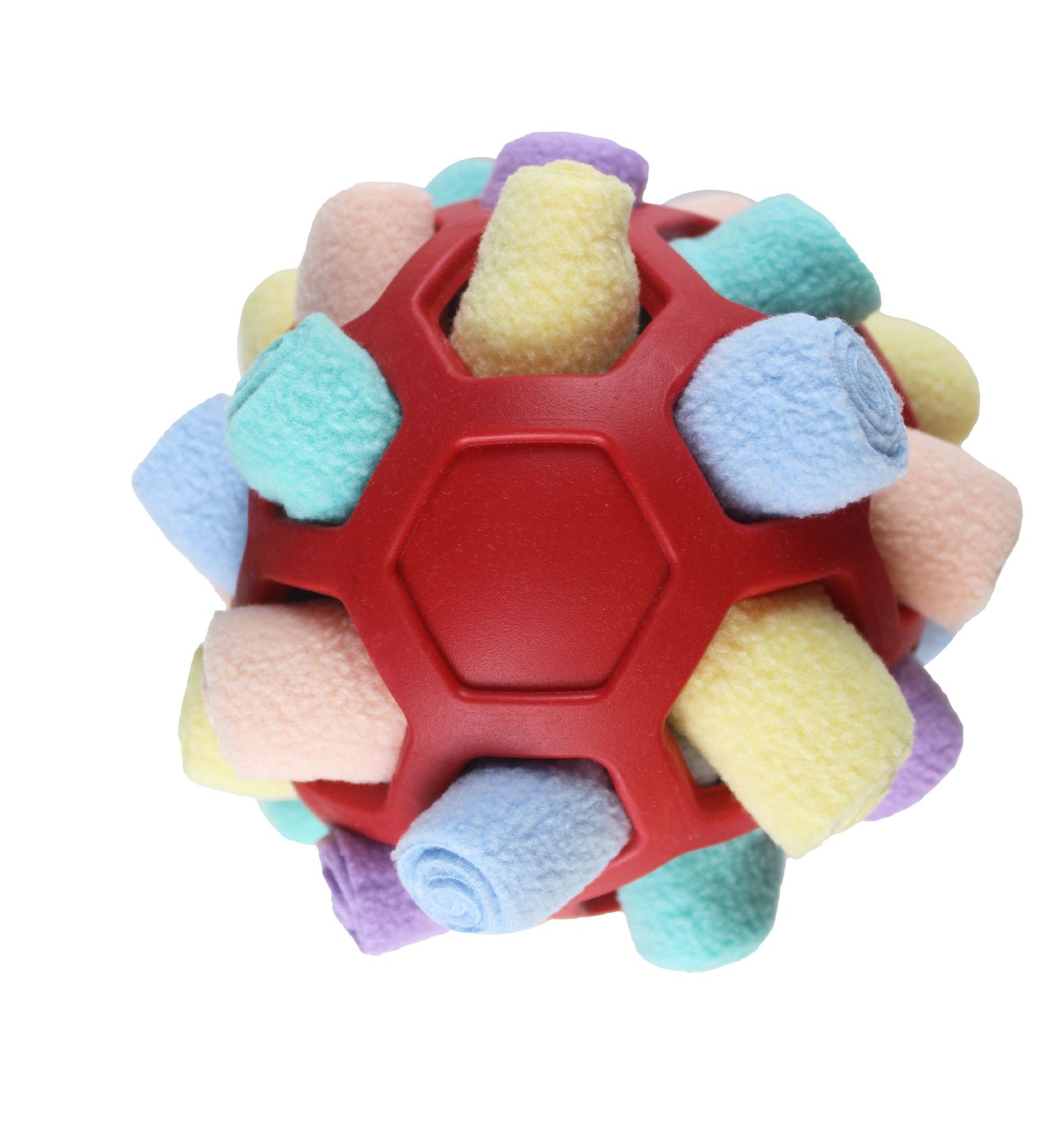 Colorful textured ball toy with a red base on a white background