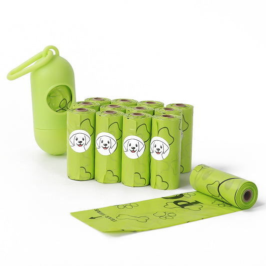 Green dog waste bag dispenser with multiple bags on a white background