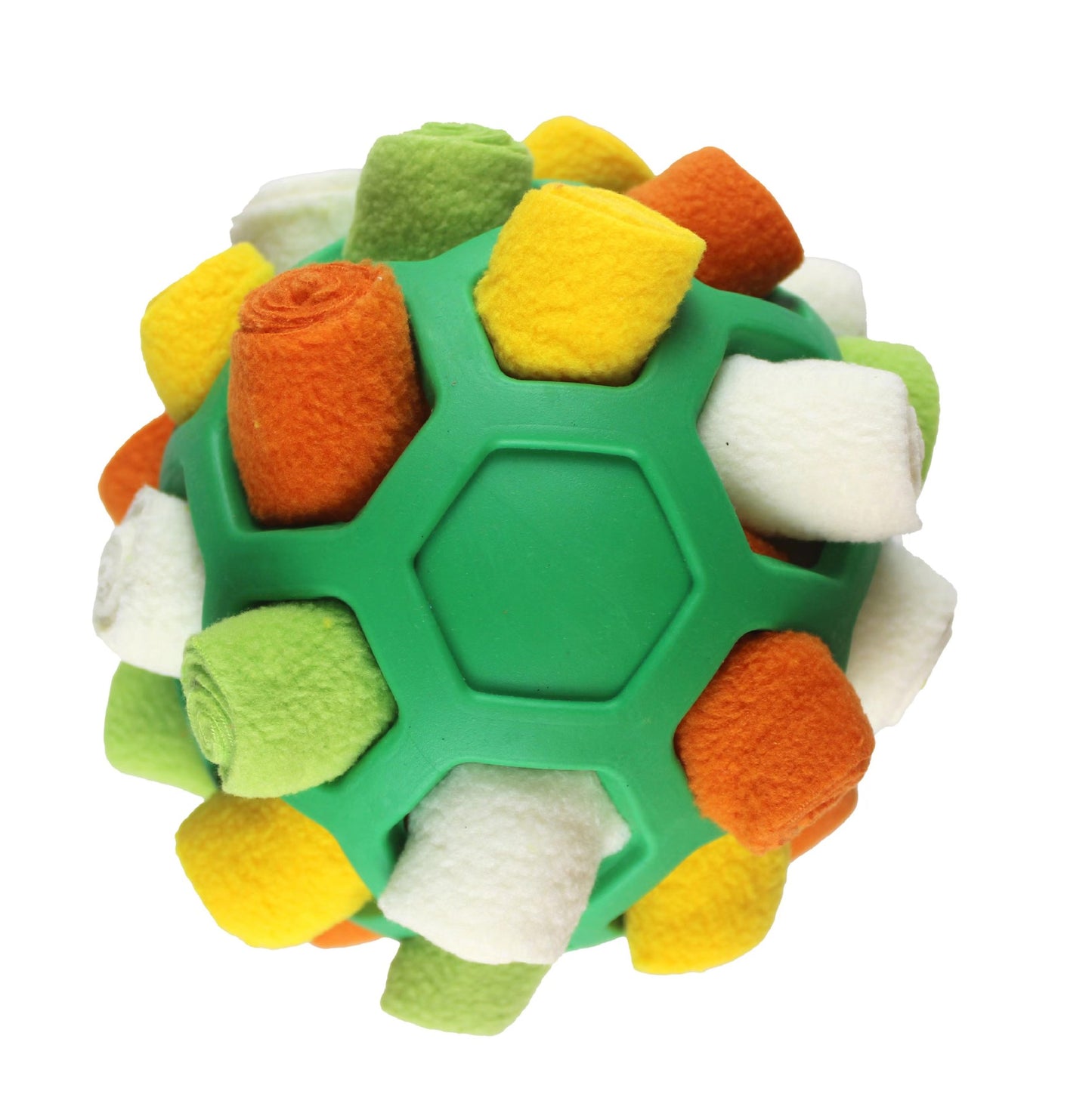 Colorful textured ball toy with green base on a white background