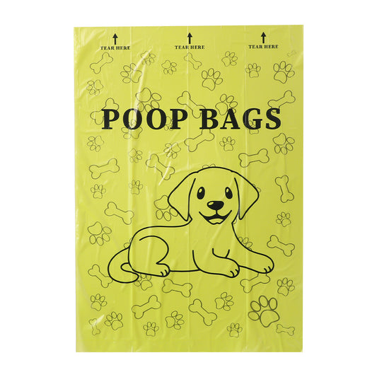 Pack of dog poop bags with a cartoon dog illustration on a yellow background