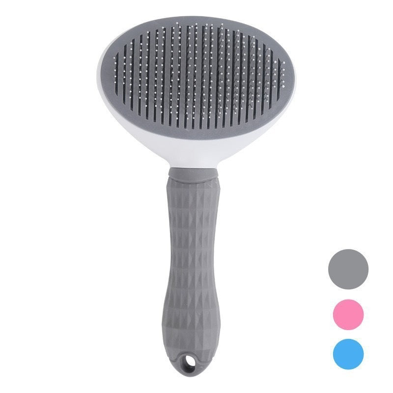 Gray pet grooming brush on a white background with color options shown.