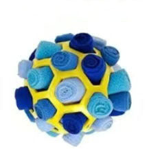 Colorful ball with blue and yellow hexagonal patterns on a white background