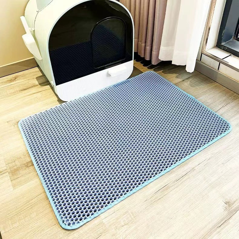 Double-layer EVA cat litter mat placed under a covered litter box to trap scattered litter
