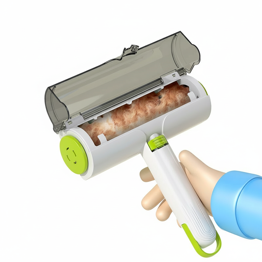 Pet hair removal roller with a clear cover showing pet hair on a white background