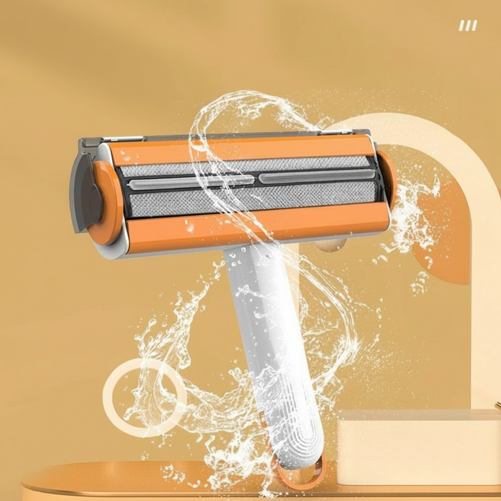 Pet hair removal roller with a clear cover showing pet hair on a white background