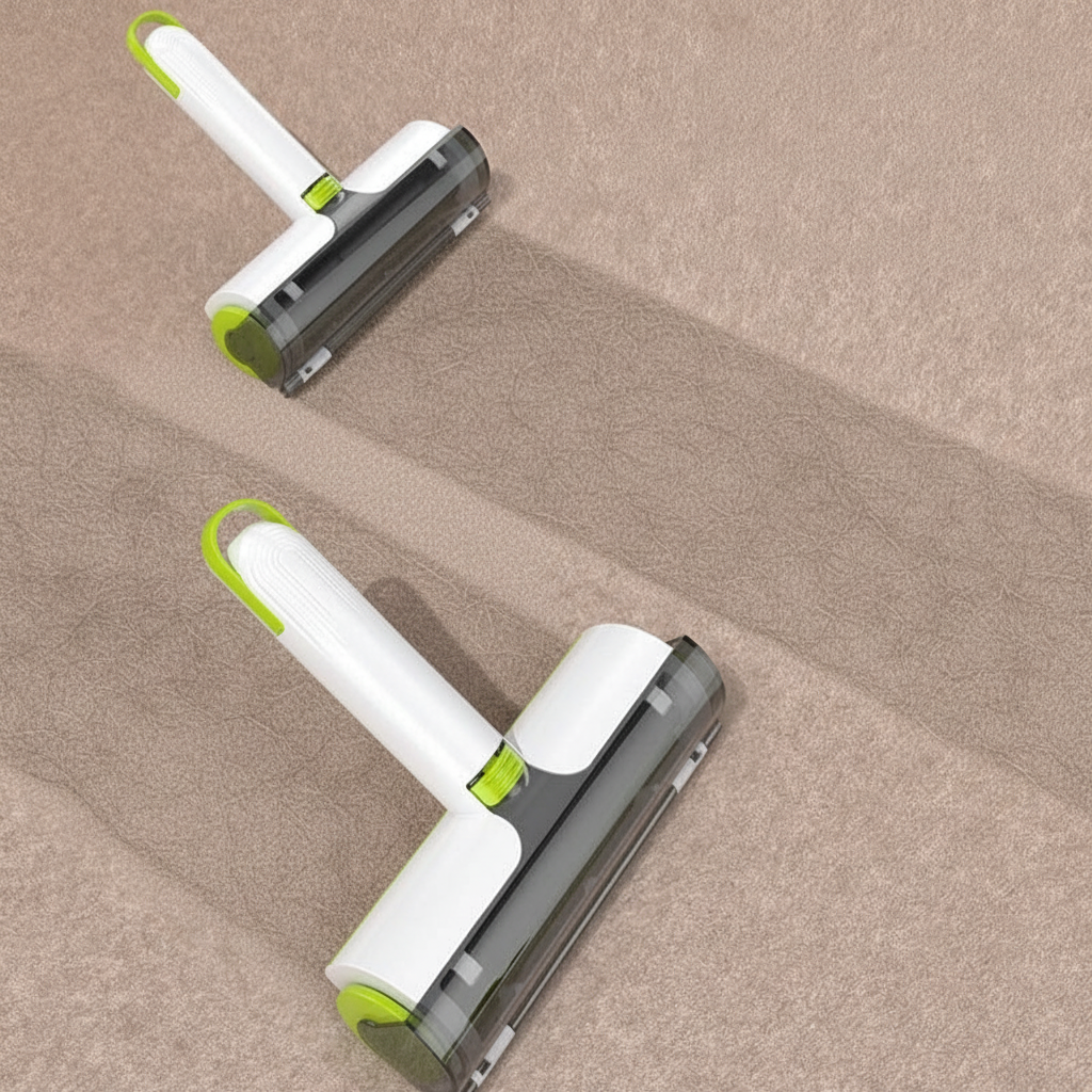 Pet hair removal roller with a clear cover showing pet hair on a carpet
