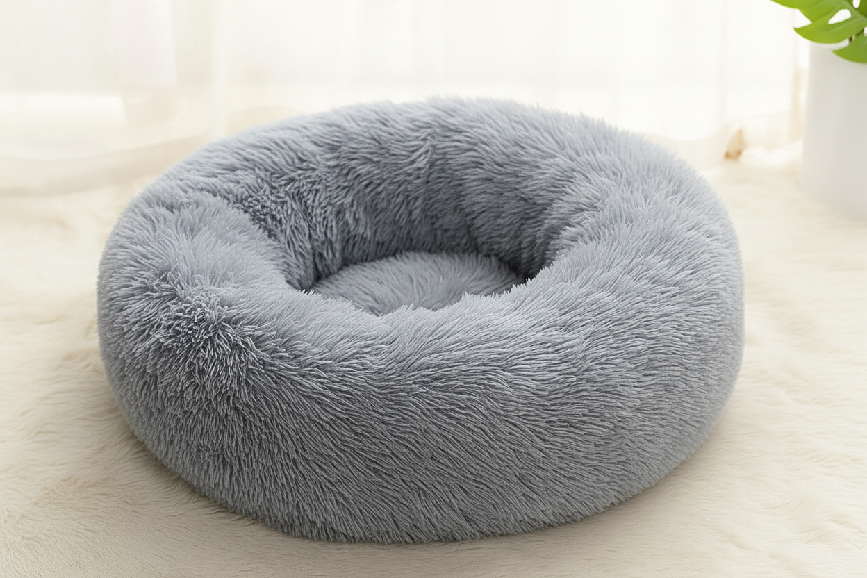 Calming plush donut pet bed - angle view