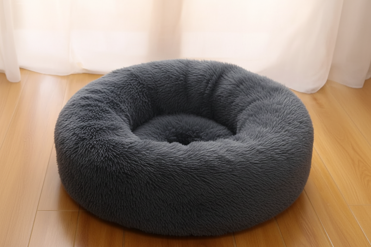 Calming plush donut pet bed - side view
