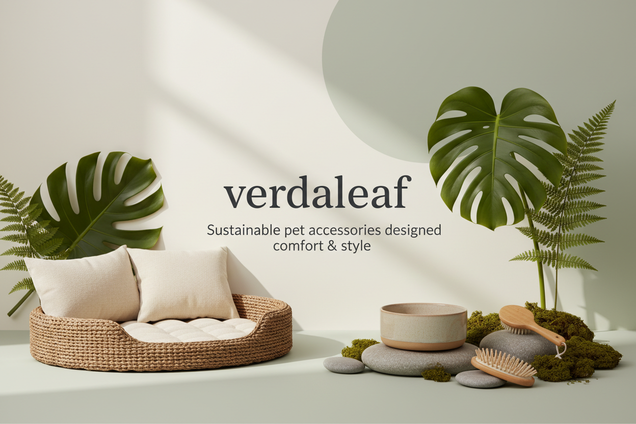 zelfde foto als ik wat ik nu gebruik alleen met de tekst onder verdaleaf: Sustainable pet accessories designed for comfort & style